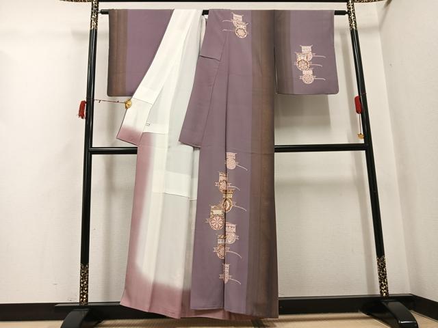 平和屋着物●訪問着　友禅　御所車文　金銀彩　正絹　逸品　AABI6295ph