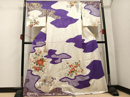 平和屋着物●訪問着　友禅　駒刺繍　絞り　草花文　金彩　正絹　逸品　AABI6296ph