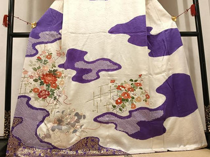 平和屋着物●訪問着　友禅　駒刺繍　絞り　草花文　金彩　正絹　逸品　AABI6296ph