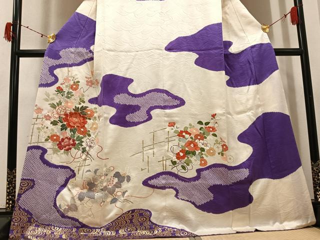 平和屋着物●訪問着　友禅　駒刺繍　絞り　草花文　金彩　正絹　逸品　AABI6296ph