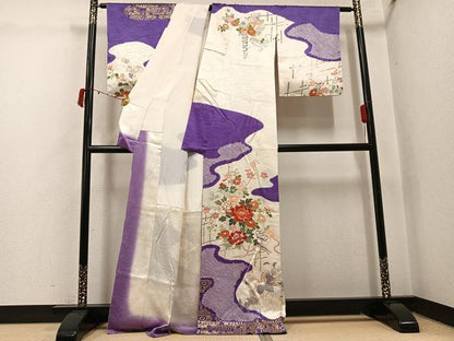 平和屋着物●訪問着　友禅　駒刺繍　絞り　草花文　金彩　正絹　逸品　AABI6296ph