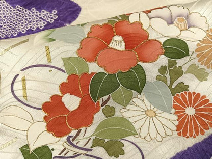 平和屋着物●訪問着　友禅　駒刺繍　絞り　草花文　金彩　正絹　逸品　AABI6296ph