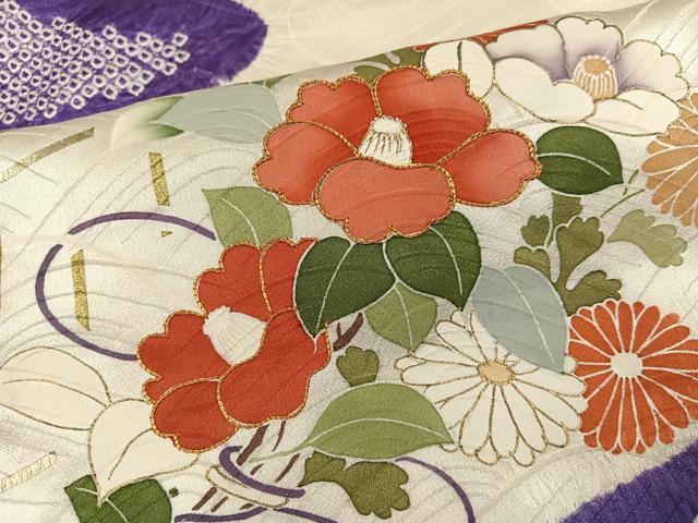 平和屋着物●訪問着　友禅　駒刺繍　絞り　草花文　金彩　正絹　逸品　AABI6296ph