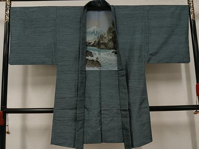 平和屋着物●男性　紬　アンサンブル　色無地　山鳩色　正絹　逸品　AABI6307ph