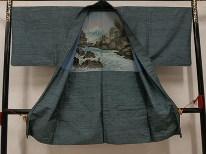 平和屋着物●男性　紬　アンサンブル　色無地　山鳩色　正絹　逸品　AABI6307ph