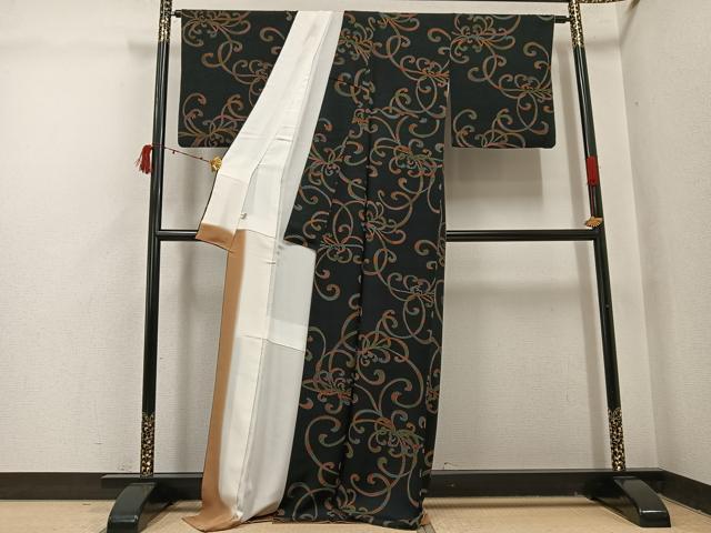 平和屋着物●上質な小紋　乱菊　黒地　ロング丈　正絹　逸品　AABI6322ph