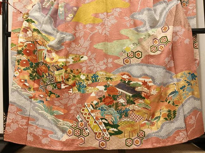 平和屋着物●豪華振袖　絞り　鴛鴦群れ鶴御所車草花文　金彩　正絹　逸品　AABI6331ph