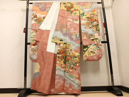 平和屋着物●豪華振袖　絞り　鴛鴦群れ鶴御所車草花文　金彩　正絹　逸品　AABI6331ph