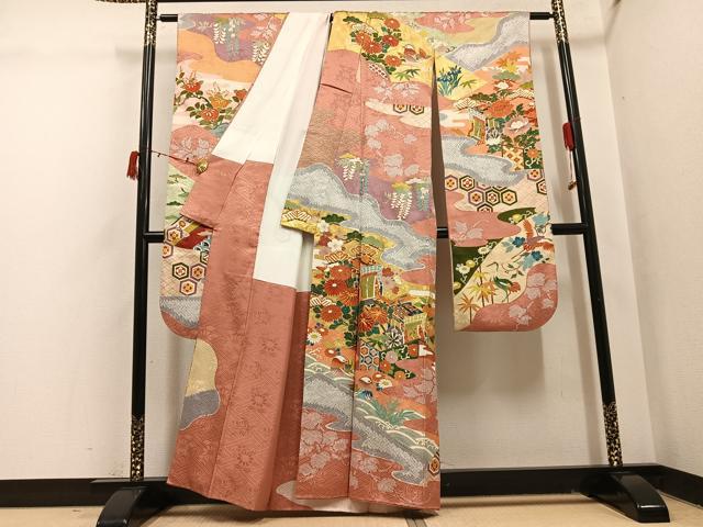 平和屋着物●豪華振袖　絞り　鴛鴦群れ鶴御所車草花文　金彩　正絹　逸品　AABI6331ph