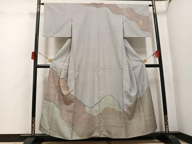 平和屋着物●石川県指定無形文化財　牛首紬　白山工房　手織り　訪問着　草花文　金彩　正絹　逸品　AABI6334ph