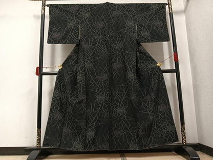 平和屋着物●上質な紬　薔薇　バラ　黒地　正絹　逸品　未使用　AABI6340ph