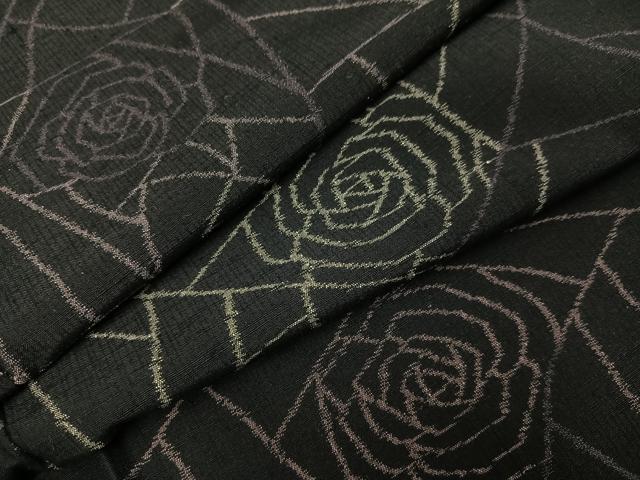 平和屋着物●上質な紬　薔薇　バラ　黒地　正絹　逸品　未使用　AABI6340ph