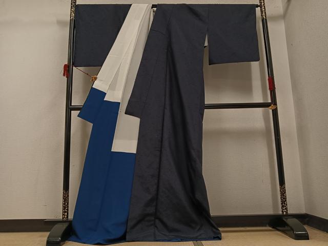平和屋着物●髭紬　色無地　藍鉄色　ロング丈　正絹　逸品　AABI6348ph