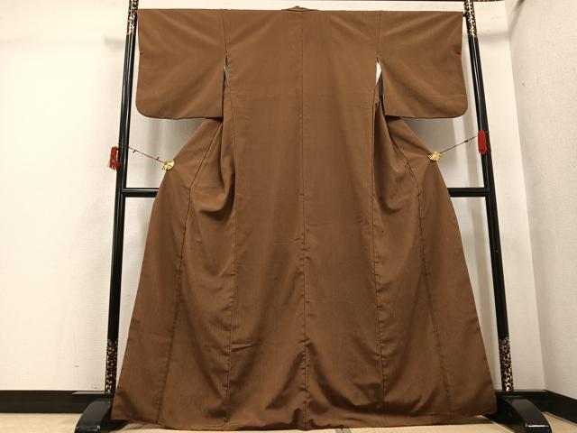 平和屋着物●上質な色無地　お召地　黄枯茶色　正絹　逸品　AABI6351ph