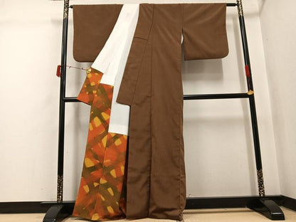 平和屋着物●上質な色無地　お召地　黄枯茶色　正絹　逸品　AABI6351ph