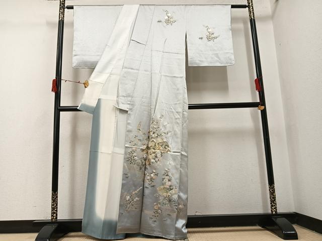 平和屋着物●訪問着　檜扇草花文　暈し染め　金銀彩　正絹　逸品　未使用　AABI6357ph