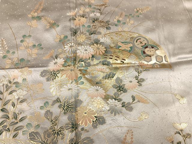 平和屋着物●訪問着　檜扇草花文　暈し染め　金銀彩　正絹　逸品　未使用　AABI6357ph