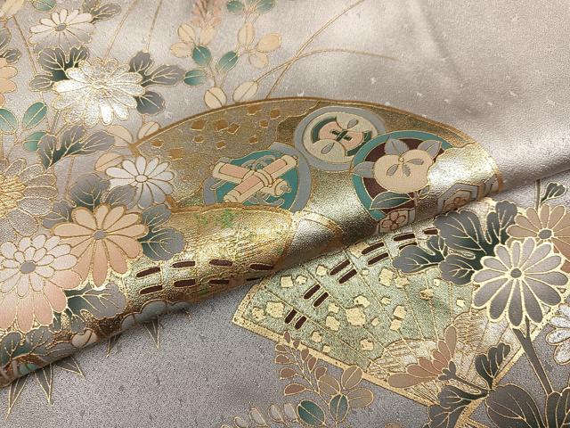 平和屋着物●訪問着　檜扇草花文　暈し染め　金銀彩　正絹　逸品　未使用　AABI6357ph