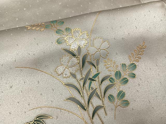 平和屋着物●訪問着　檜扇草花文　暈し染め　金銀彩　正絹　逸品　未使用　AABI6357ph