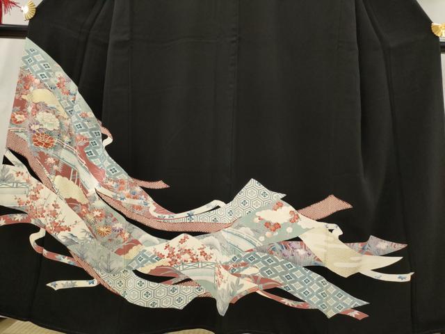 平和屋着物■豪華黒留袖 駒刺繍 熨斗花文 金彩 正絹 逸品 AABI6402st