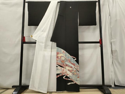 平和屋着物■豪華黒留袖 駒刺繍 熨斗花文 金彩 正絹 逸品 AABI6402st