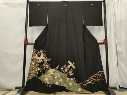 平和屋着物■豪華黒留袖 駒刺繍 鳳凰花文 金銀彩 正絹 逸品 AABI6421st