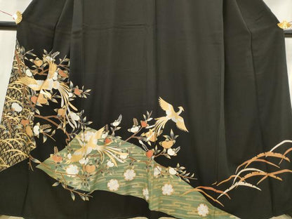 平和屋着物■豪華黒留袖 駒刺繍 鳳凰花文 金銀彩 正絹 逸品 AABI6421st
