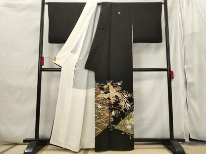 平和屋着物■豪華黒留袖 駒刺繍 鳳凰花文 金銀彩 正絹 逸品 AABI6421st