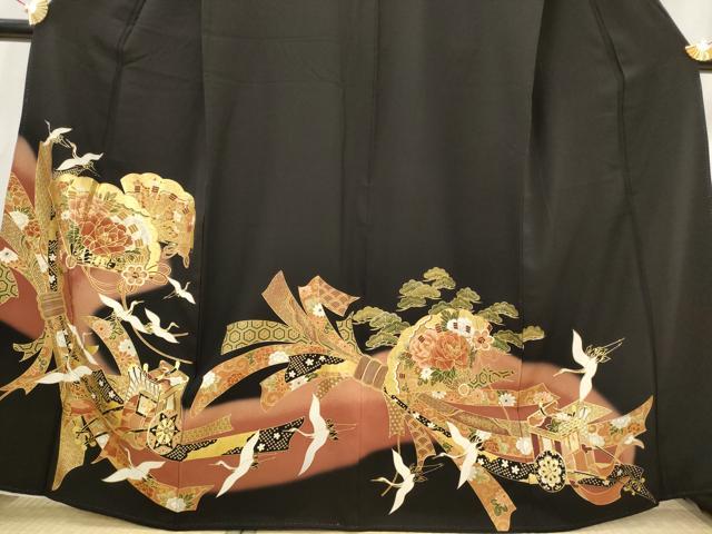 平和屋着物■豪華黒留袖　駒刺繍　束ね熨斗飛鶴花文　金彩　正絹　逸品　AABI6422st