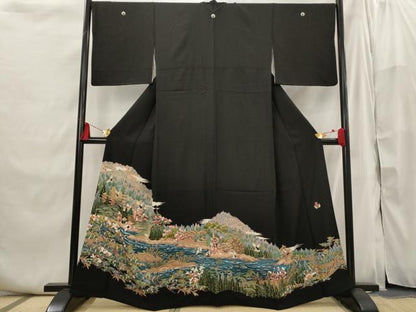 平和屋着物■豪華黒留袖　友禅　作家物　風景文　正絹　逸品　AABI6425st