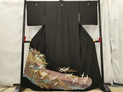 平和屋着物■豪華黒留袖　吉祥飛鶴文　暈し染め　金彩　正絹　逸品　AABI6426st