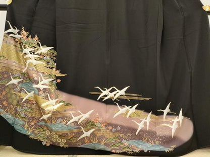 平和屋着物■豪華黒留袖　吉祥飛鶴文　暈し染め　金彩　正絹　逸品　AABI6426st