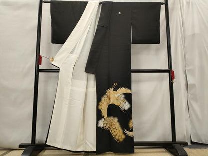 平和屋着物■豪華黒留袖　刺繍　飛鶴松文　金糸　正絹　逸品　AABI6427st