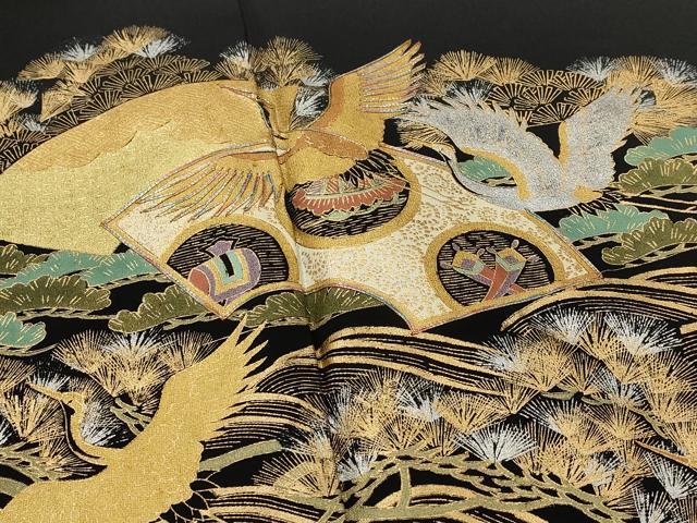 平和屋着物■豪華黒留袖　駒刺繍　地紙飛鶴花文　金銀彩　正絹　逸品　AABI6428st