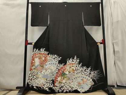 平和屋着物■豪華黒留袖　扇面花鳥文　正絹　逸品　AABI6429st