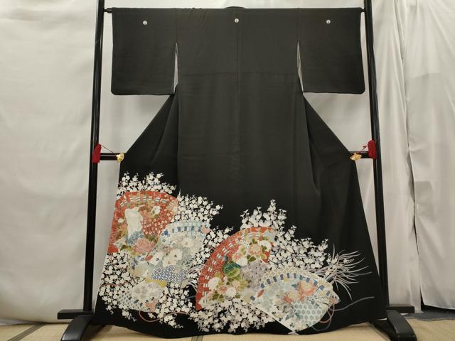 平和屋着物■豪華黒留袖　扇面花鳥文　正絹　逸品　AABI6429st