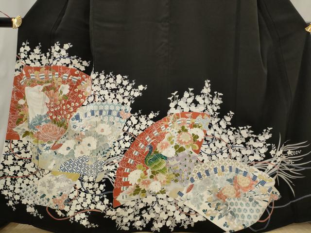 平和屋着物■豪華黒留袖　扇面花鳥文　正絹　逸品　AABI6429st