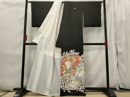 平和屋着物■豪華黒留袖　扇面花鳥文　正絹　逸品　AABI6429st