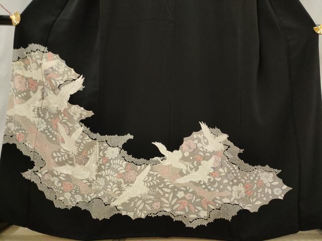 平和屋着物■豪華黒留袖　駒刺繍　飛鶴花文　正絹　逸品　AABI6435st