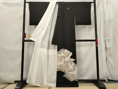 平和屋着物■豪華黒留袖　駒刺繍　飛鶴花文　正絹　逸品　AABI6435st