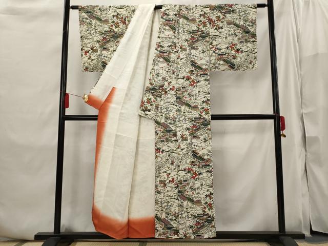 平和屋着物●上質な小紋　紬地　型染め　風景文　正絹　逸品　CABC9625vp 平和屋着物○上質な小紋 紬地 型染め 風景文 正絹 逸品 CABC9625vpの