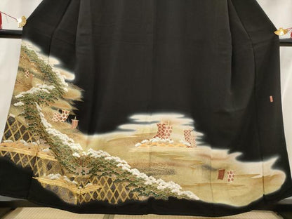 平和屋着物■豪華黒留袖 作家物 駒刺繍 立波松文 暈し染め 金彩 正絹 逸品 AABI6447st