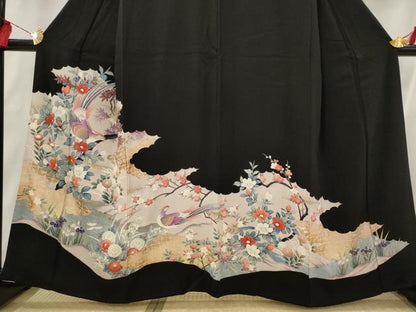 平和屋着物■豪華黒留袖 友禅 流水花鳥文 金彩 正絹 逸品 AABI6448st