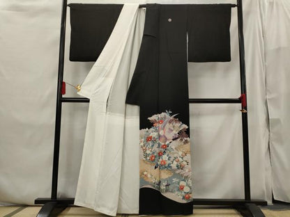 平和屋着物■豪華黒留袖 友禅 流水花鳥文 金彩 正絹 逸品 AABI6448st