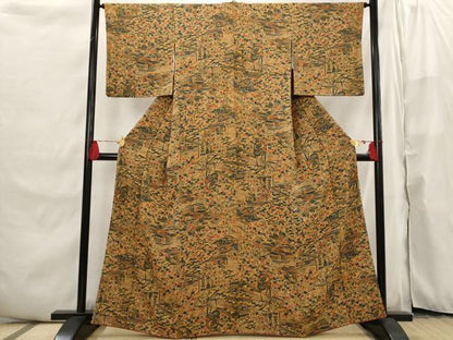 平和屋着物■上質な小紋　型染め　風景文　鬼しぼ縮緬　正絹　逸品　AABI6492st