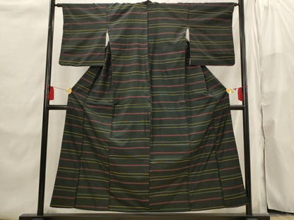平和屋着物■上質な紬 横段文 黒地 正絹 逸品 AABI6508st