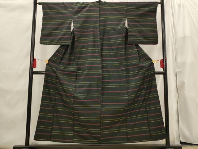 平和屋着物■上質な紬 横段文 黒地 正絹 逸品 AABI6508st