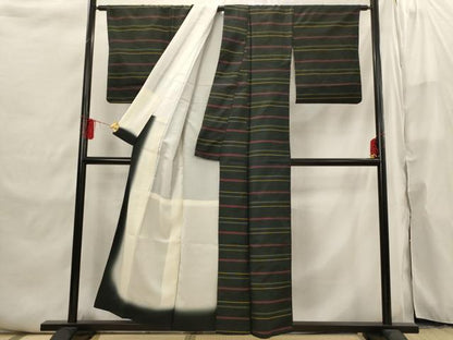 平和屋着物■上質な紬 横段文 黒地 正絹 逸品 AABI6508st