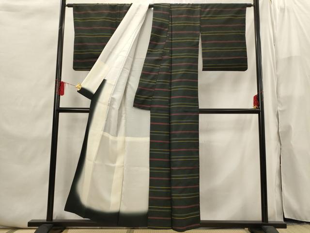 平和屋着物■上質な紬 横段文 黒地 正絹 逸品 AABI6508st
