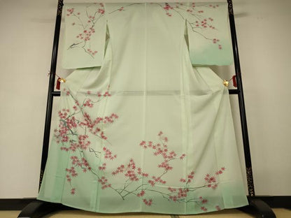 平和屋着物＊夏物 訪問着 絽 手描き 楓文 暈し染め 銀彩 正絹 逸品 AABI6581jd